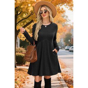 Women's Black Long Sleeve Empire Waist Winter Casual Tunic Dress with Pockets